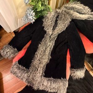 Vintage Navy Teddy Afghan Jacket with Silver Gray Faux Fur